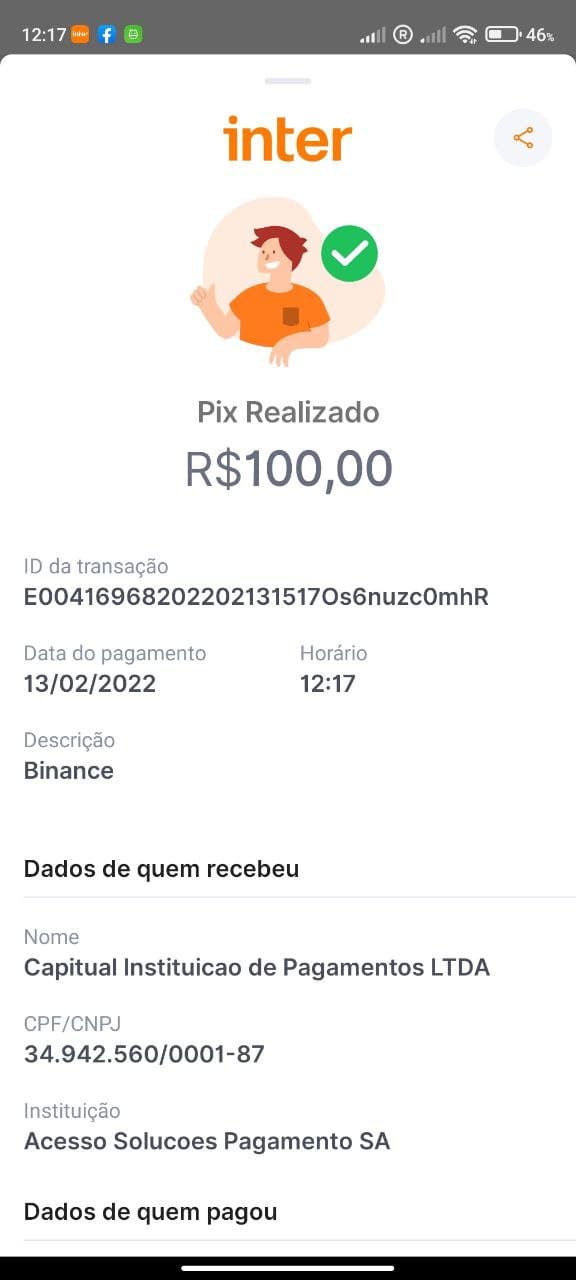 Transferência de 100 reais do banco Inter para a Exchange Binance