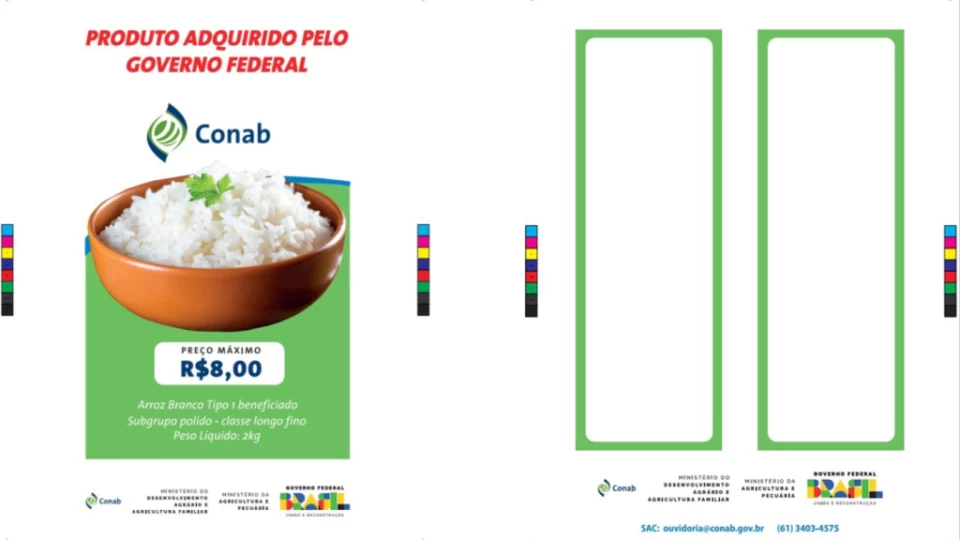 Arroz importado e logotipo do governo federal - Conab